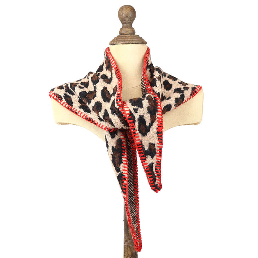 POM925 - Peggy animal print knit scarf with red stitch detail