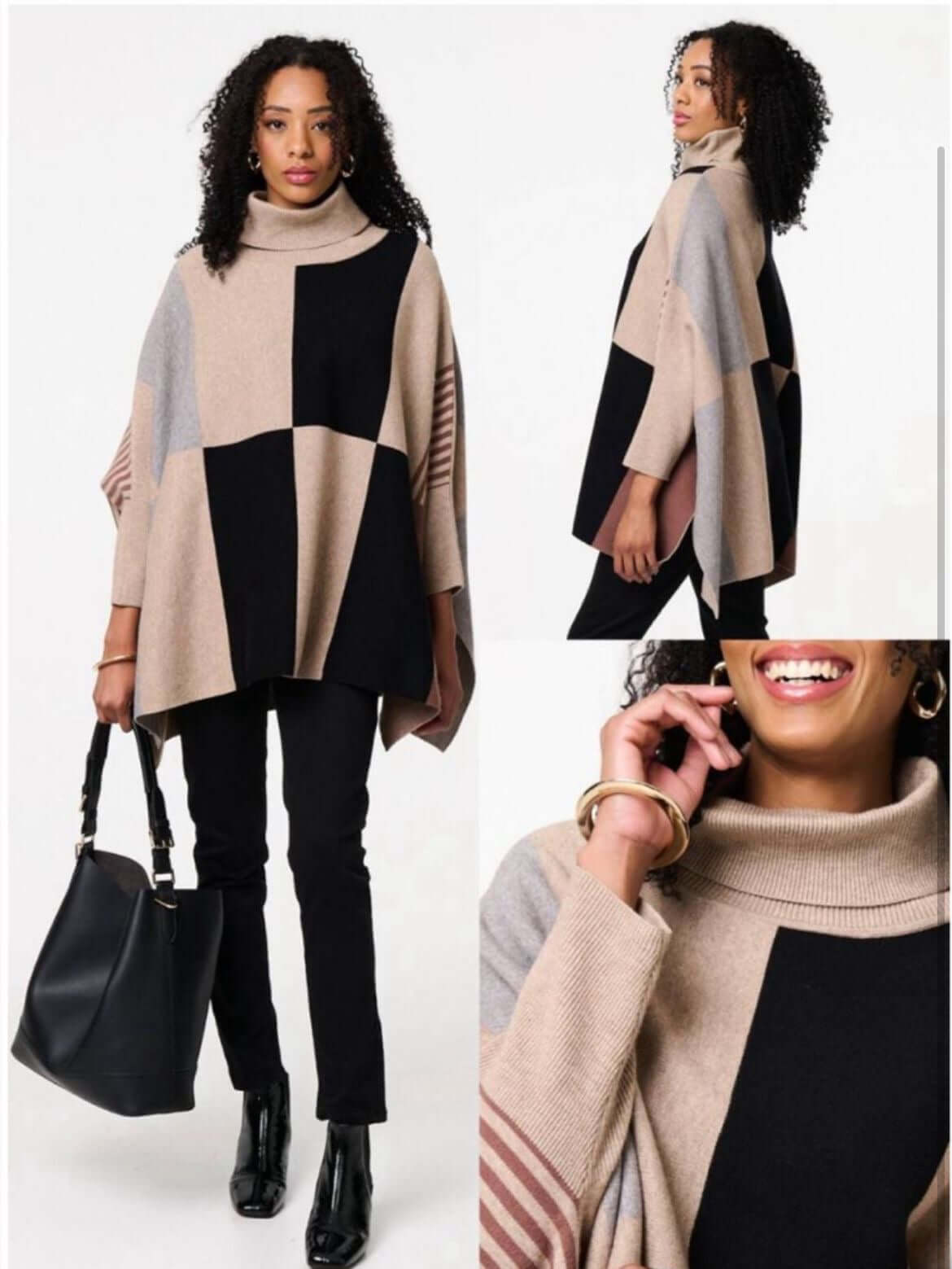 Abstract Poncho Style Roll Neck Jumper
