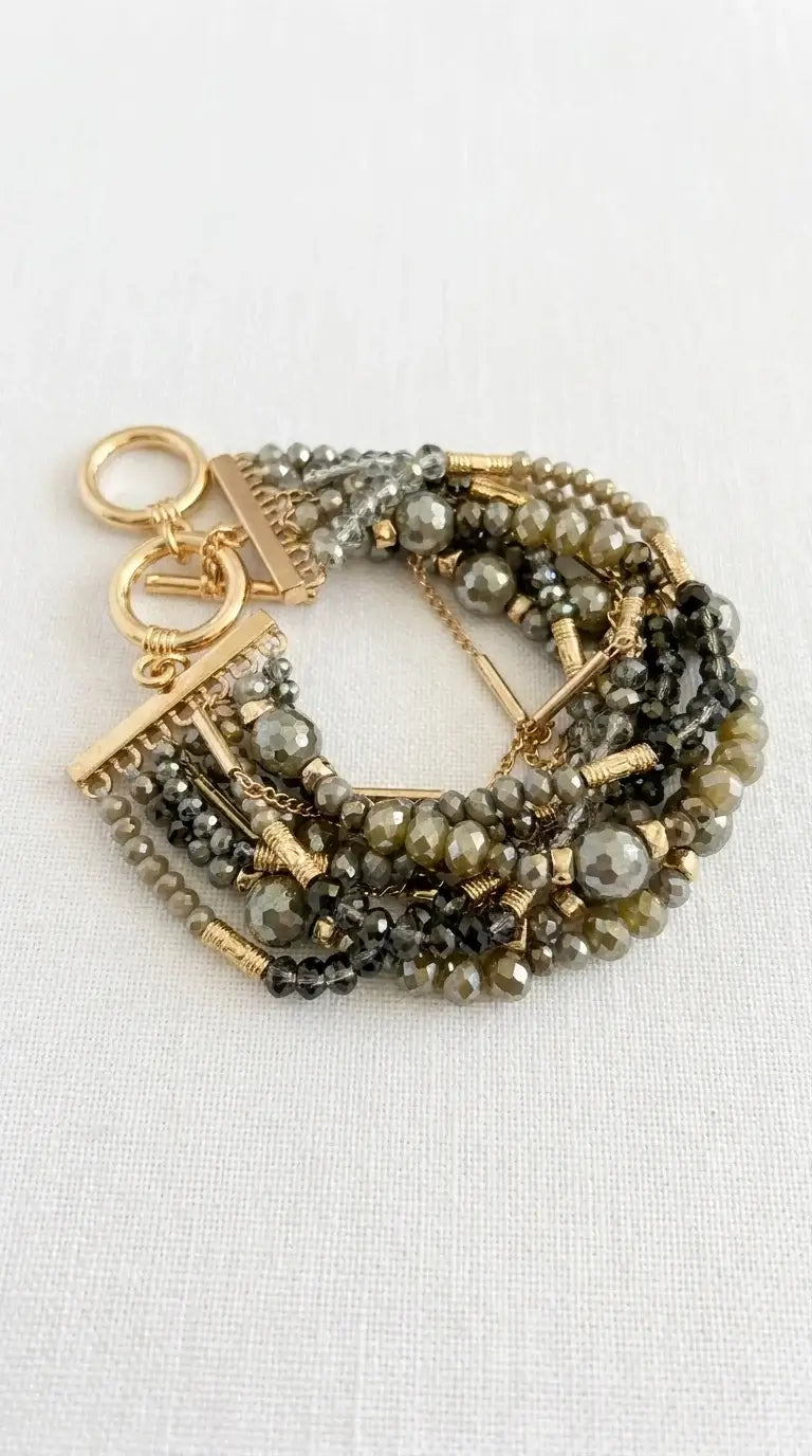 Envy Jewellery - Multi layered taupe and grey beaded T-bar bracelet