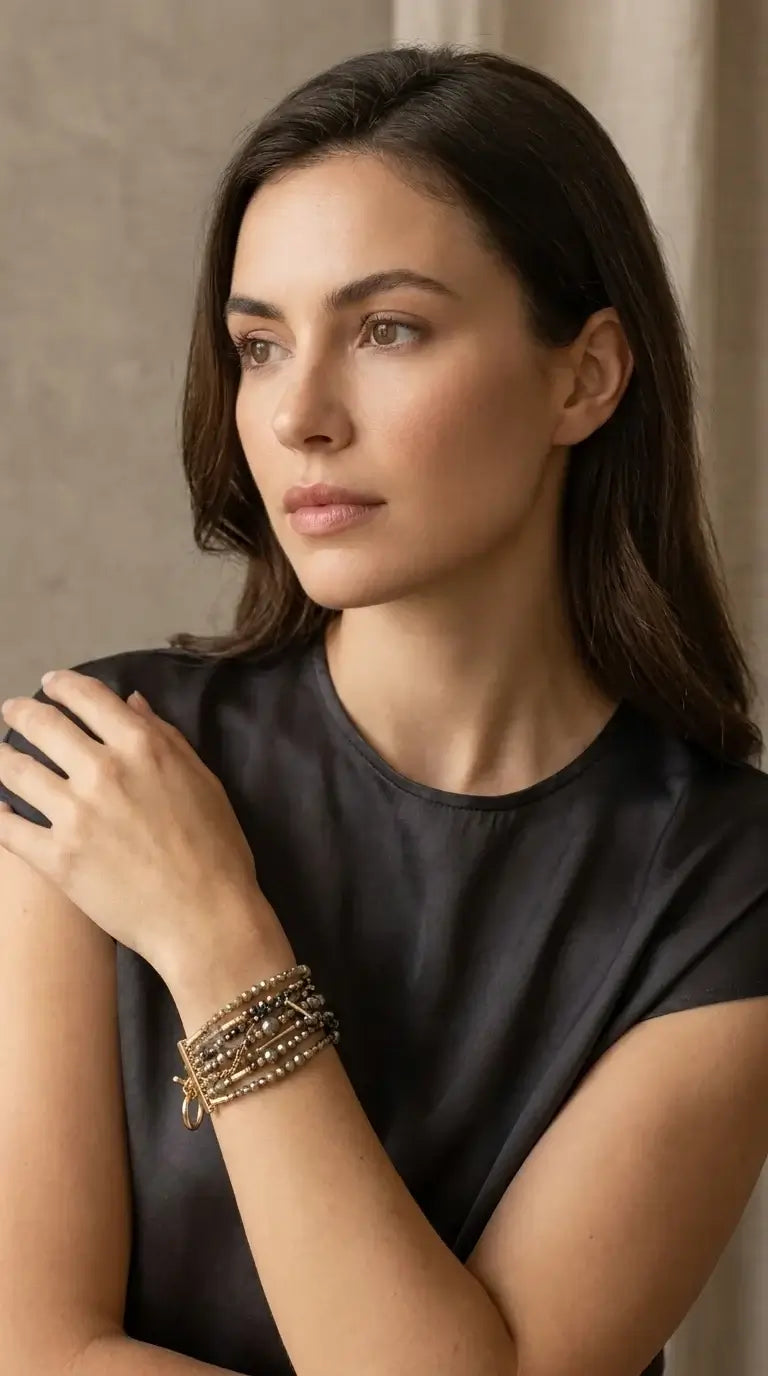 Envy Jewellery - Multi layered taupe and grey beaded T-bar bracelet