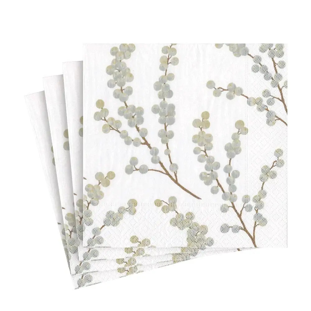Berry Branches Paper Napkins in White & Silver - Pack of 20