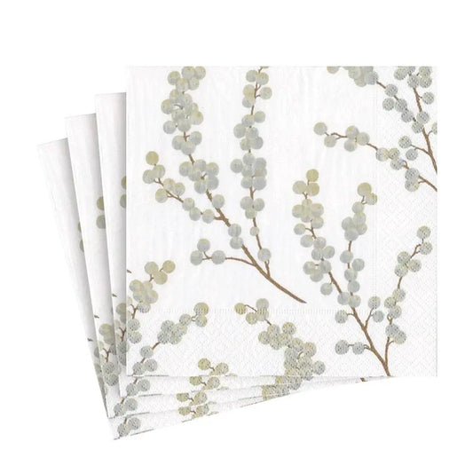 Berry Branches Paper Napkins in White & Silver - Pack of 20