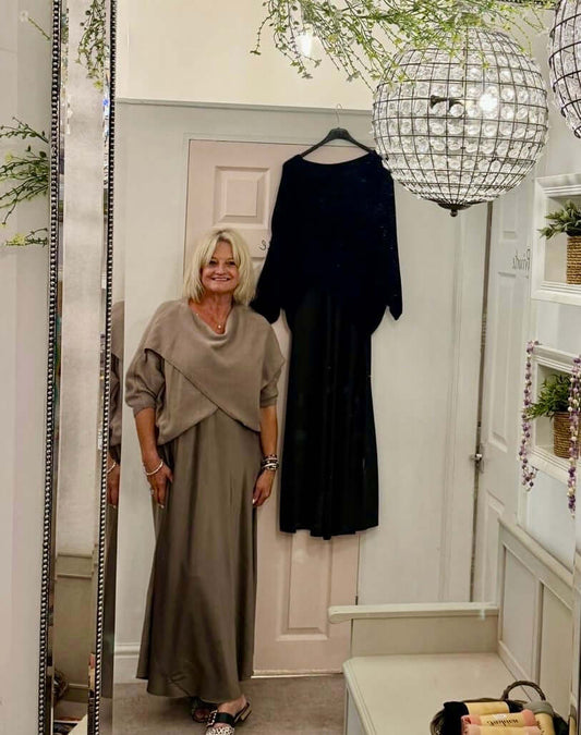 Ladies Open Knit Top and Satin Dress Set