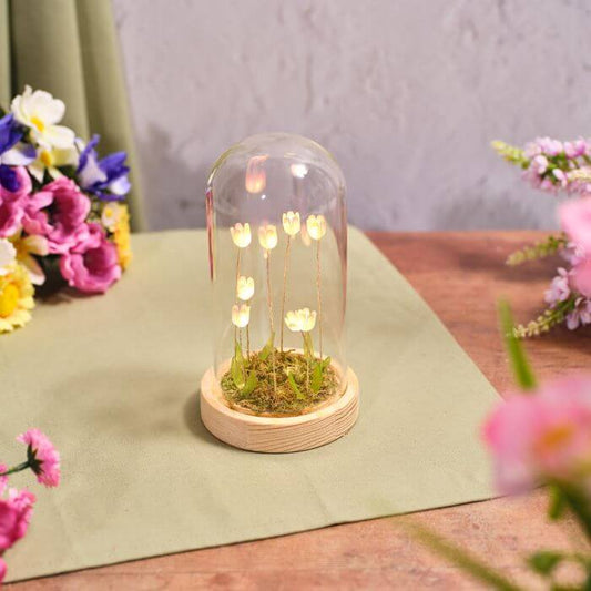 Floral Serande Tall Glass Dome with LED Tulips