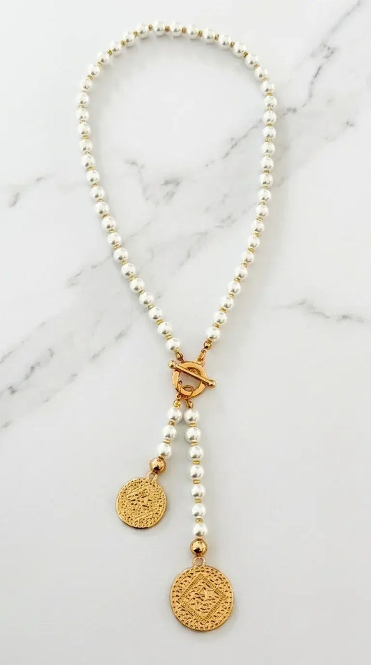 Envy Jewellery - Short white bead necklace with gold coin pendants