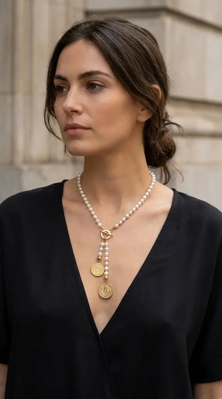 Envy Jewellery - Short white bead necklace with gold coin pendants