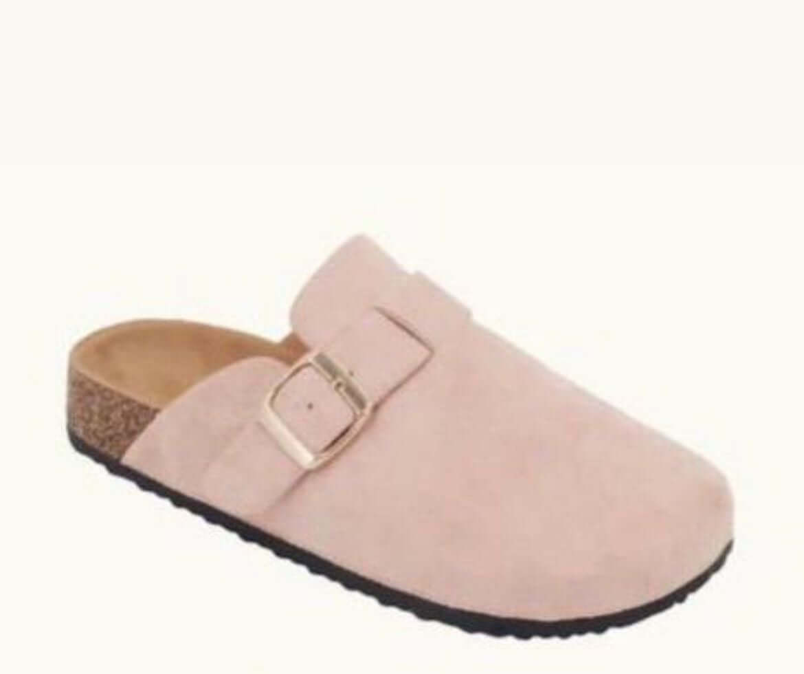 Pink Faux Suede Buckle Mule