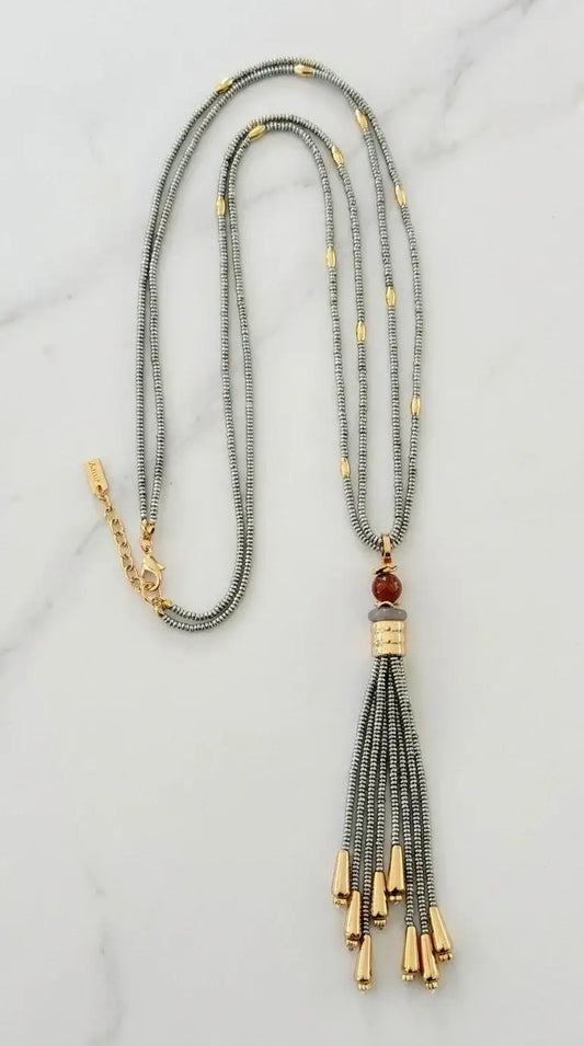 Envy Jewellery - Long double layered grey beaded tassel necklace
