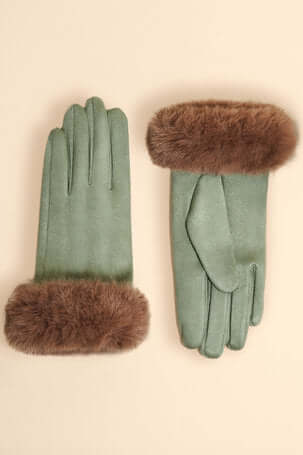 Powder Design Bettina Faux Suede/Fur Gloves - sage/Teddy