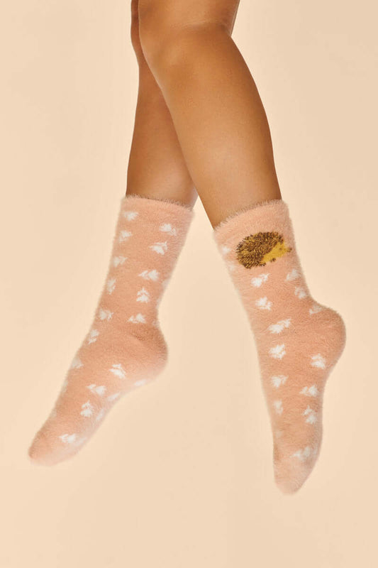 Powder Design Happy Hedgehog Fuzzy Slipper Socks - Petal