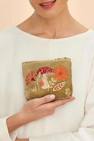 Powder Design Velvet Embroidered Mini Pouch - Tranquil Toadstool