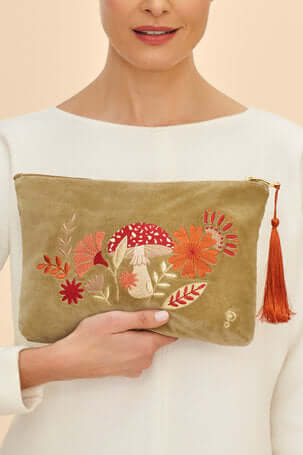 Powder Design Velvet Embroidered Zip Pouch - Tranquil Toadstool