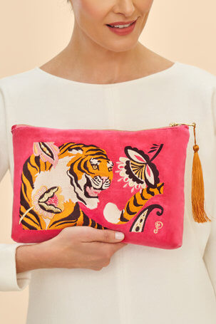 Powder Design Velvet Embroidered Zip Pouch - Thrill of the Tiger