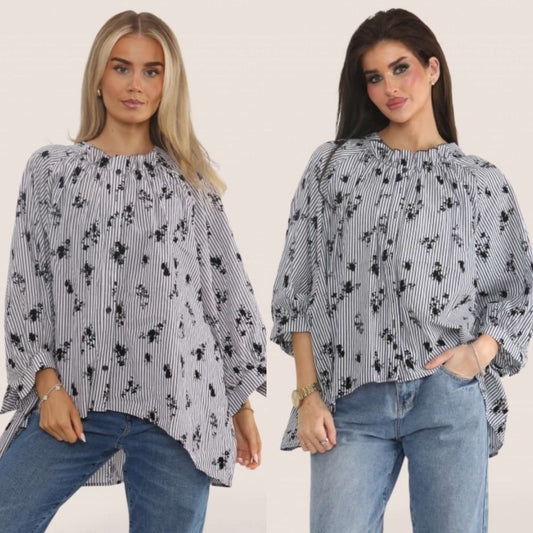 Pinstripe Floral Embossed Flock Blouse