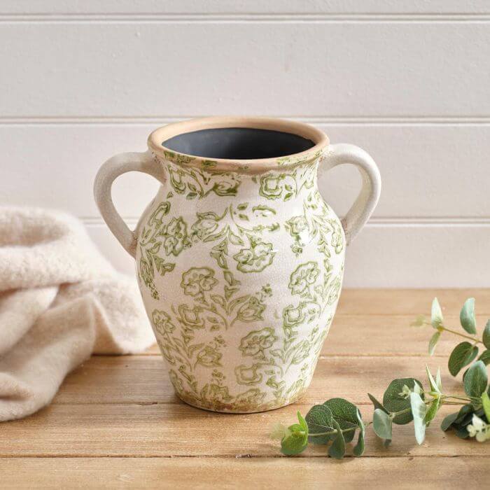 Stoneware Toile De Jouy Soft Green Urn Vase with Double handle