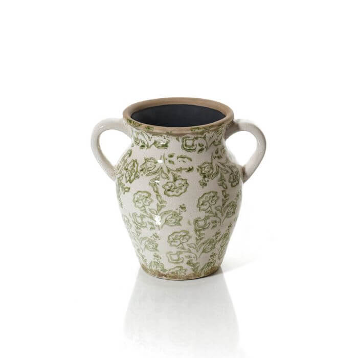 Stoneware Toile De Jouy Soft Green Urn Vase with Double handle