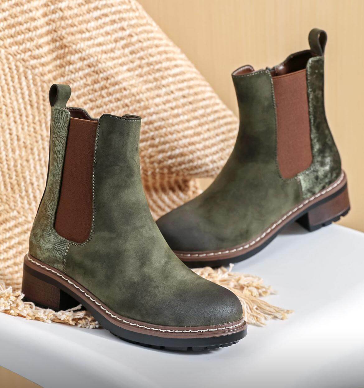 Khaki Faux Suede Metallic Detail Chelsea Boot