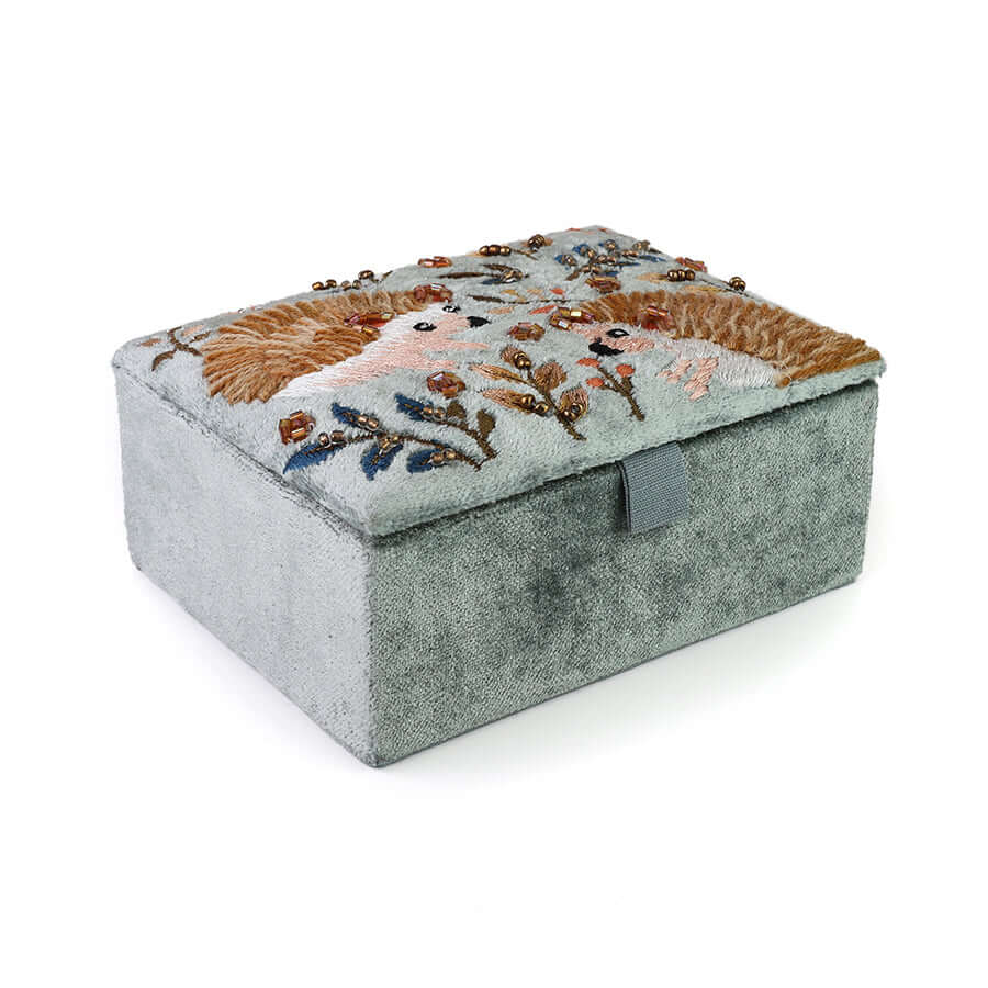POM925 Hedgehogs blue-grey velvet embellished autumn hedgehog small jewellery box