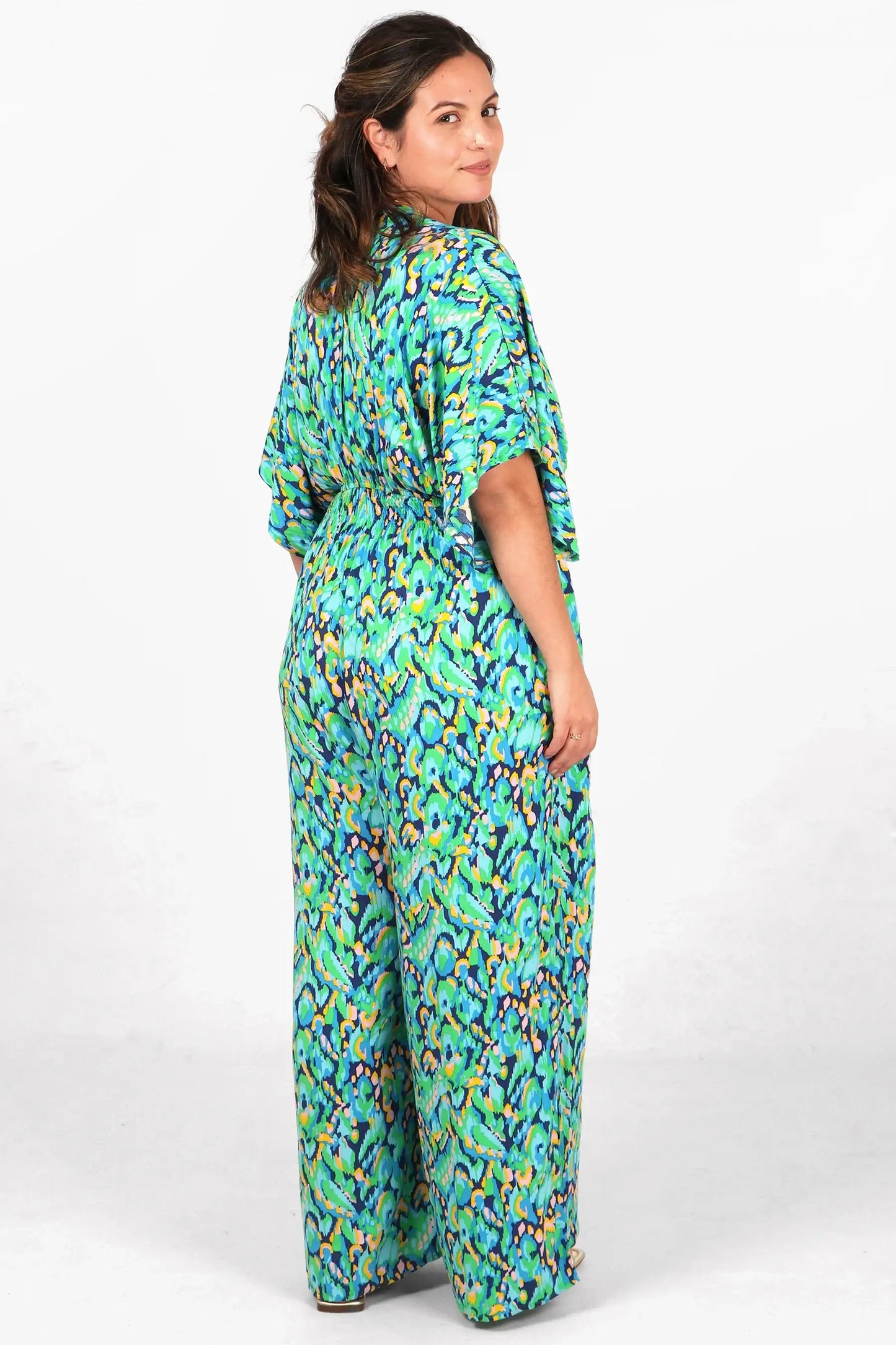 Abstract Print Flared Wide Leg Shirred Jumpsuit - Green & Blue