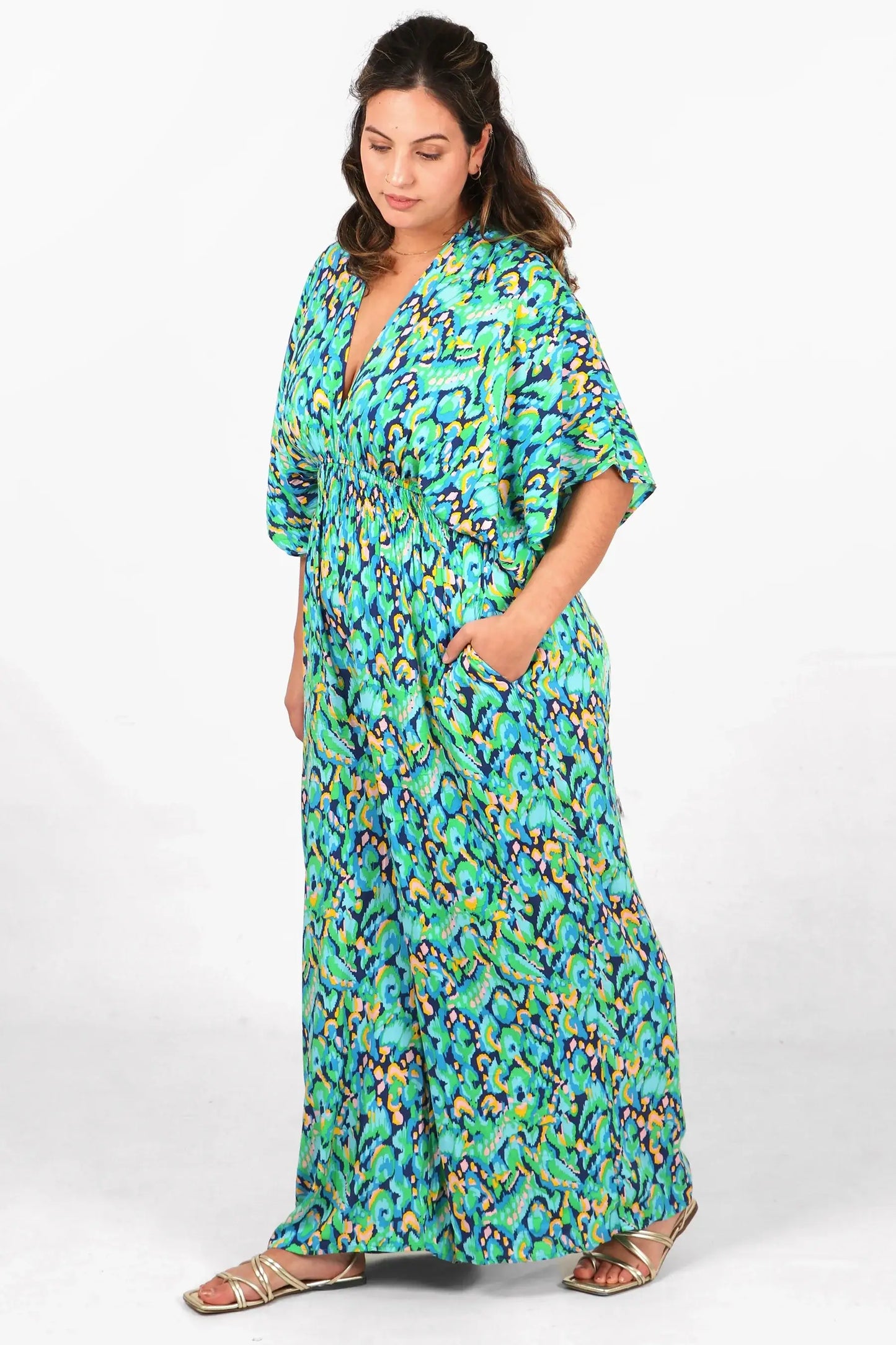 Abstract Print Flared Wide Leg Shirred Jumpsuit - Green & Blue