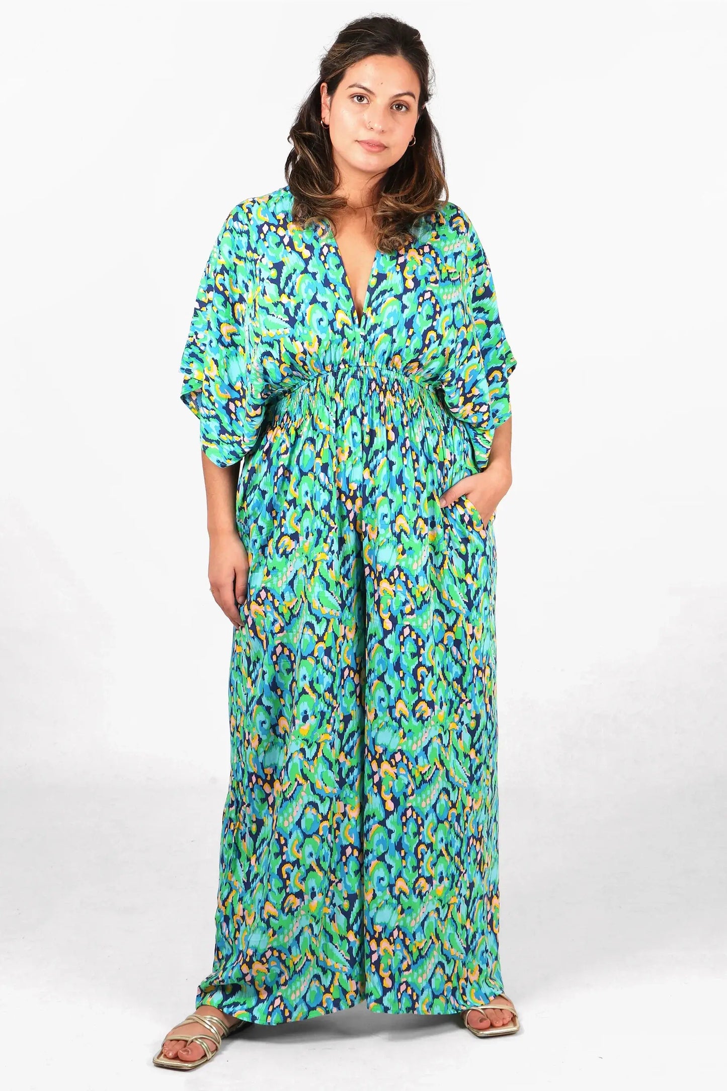 Abstract Print Flared Wide Leg Shirred Jumpsuit - Green & Blue