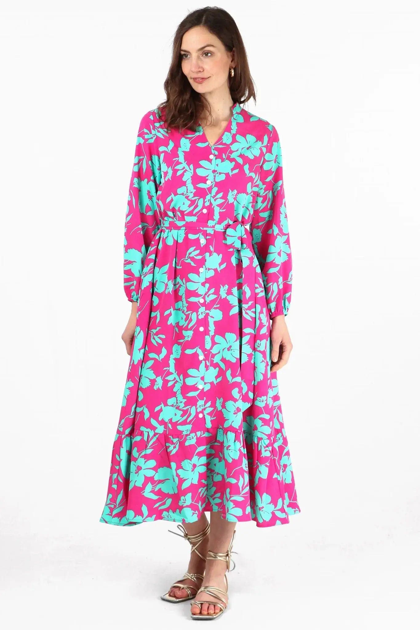 Tropical Floral Print Button Down Tiered Shirt Dress - Pink