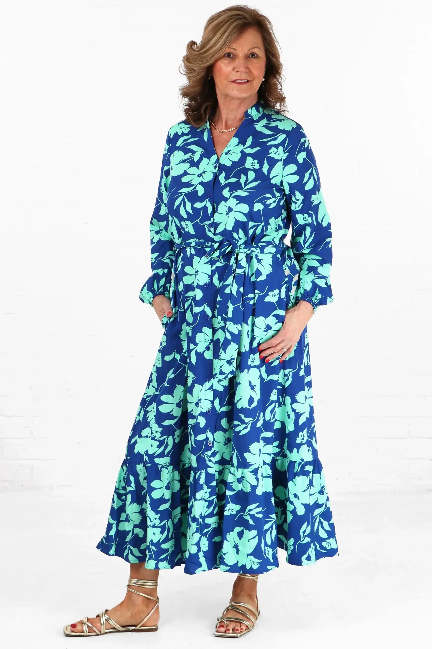 Tropical Floral Print Button Down Tiered Shirt Dress - Blue