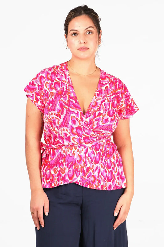 Leopard Print Short Sleeve Wrap Top - Pink