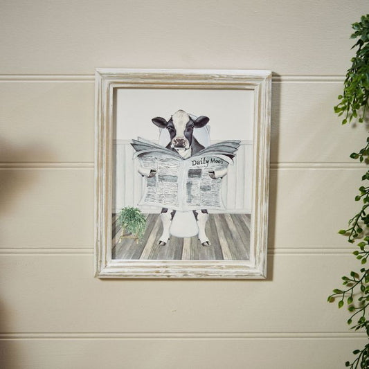 Cow Reading the Paper on the Toilet Wood Printed Plaque