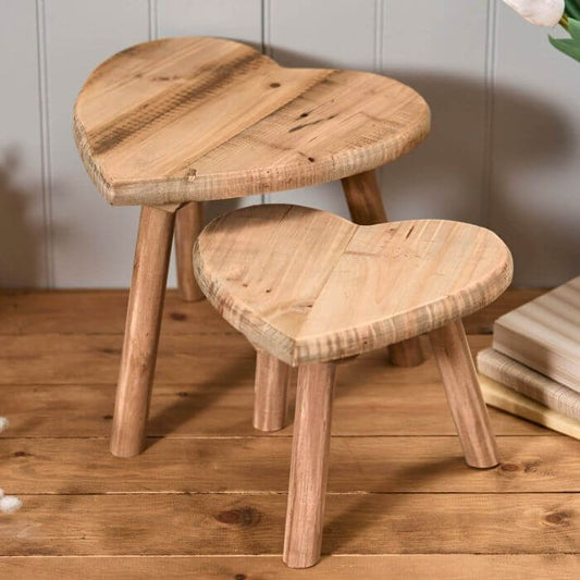 Recycled Wood Ornamental Heart Shaped Stools - Set of 2