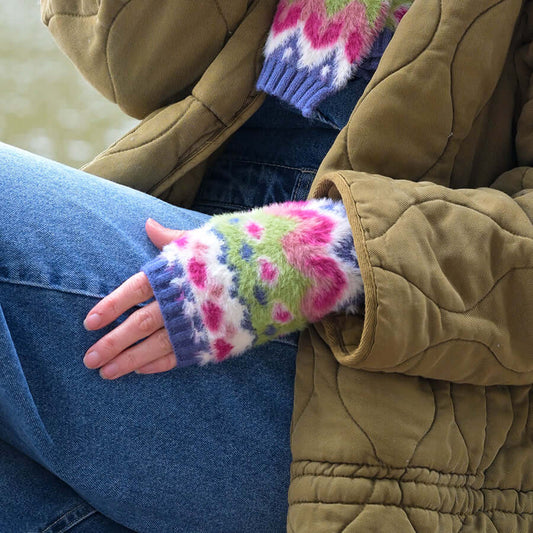 POM925 - Imogen green and blue mix fluffy wrist warmers