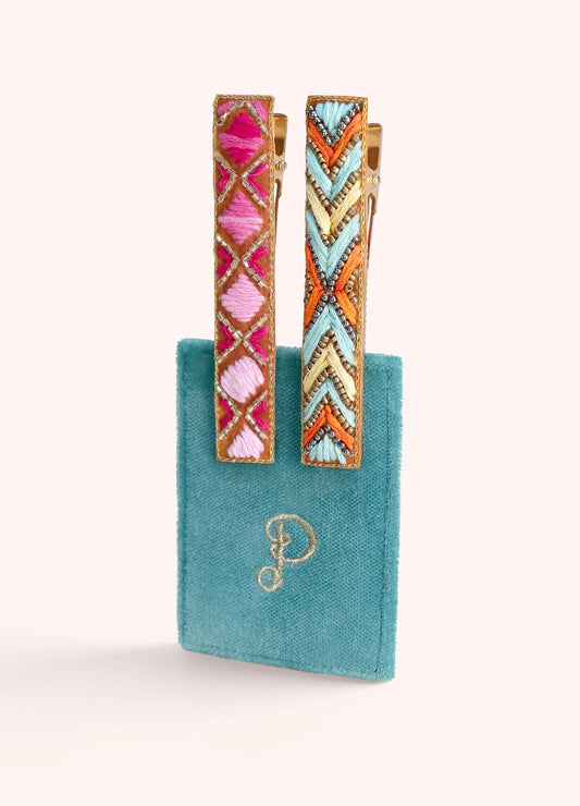 Powder Design Embellished Hair Bars - Fuchsia/Summer Deco