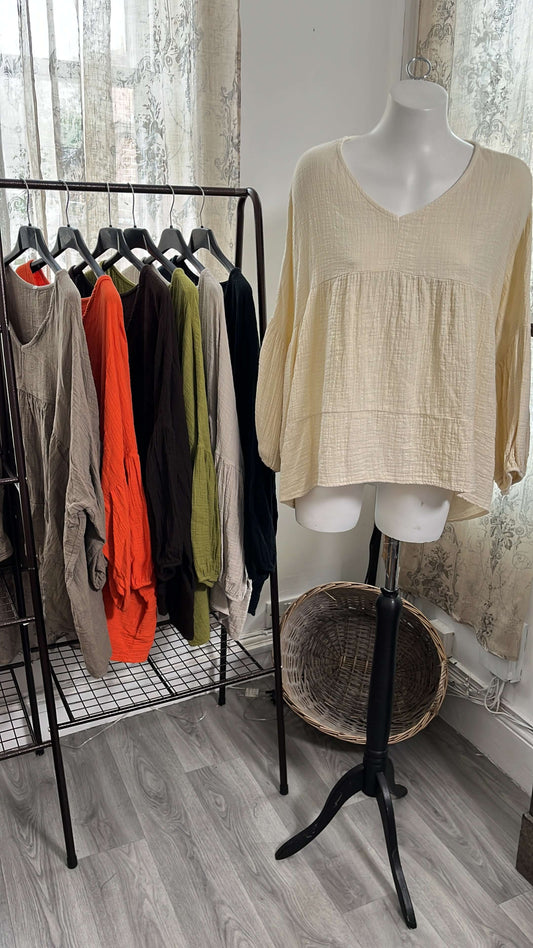 Cheesecloth V Neck Floaty Smock Blouse