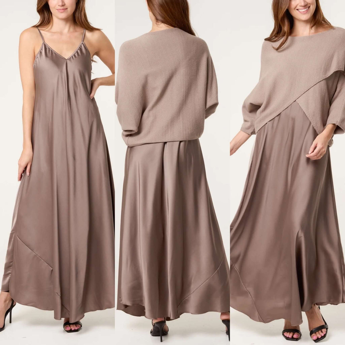 Ladies Open Knit Top and Satin Dress Set