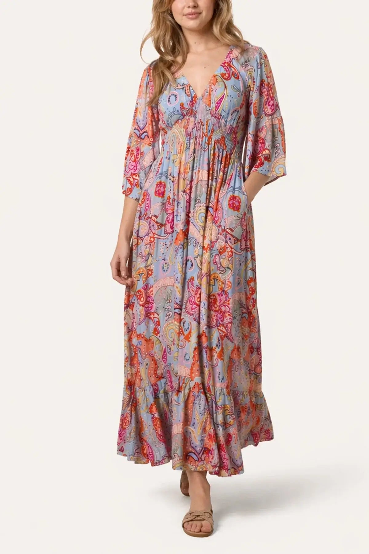 Abstract Paisley V-Neck Maxi Dress