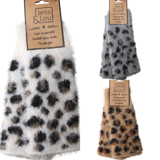 Jess & Lou - Leopard Fluffy Knit Fingerless Gloves