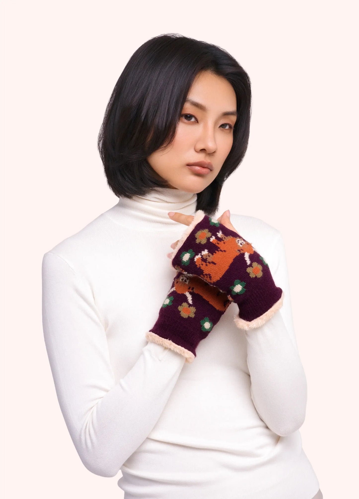 Powder Design Highland Cow Wrist Warmers/Mittens - Damson