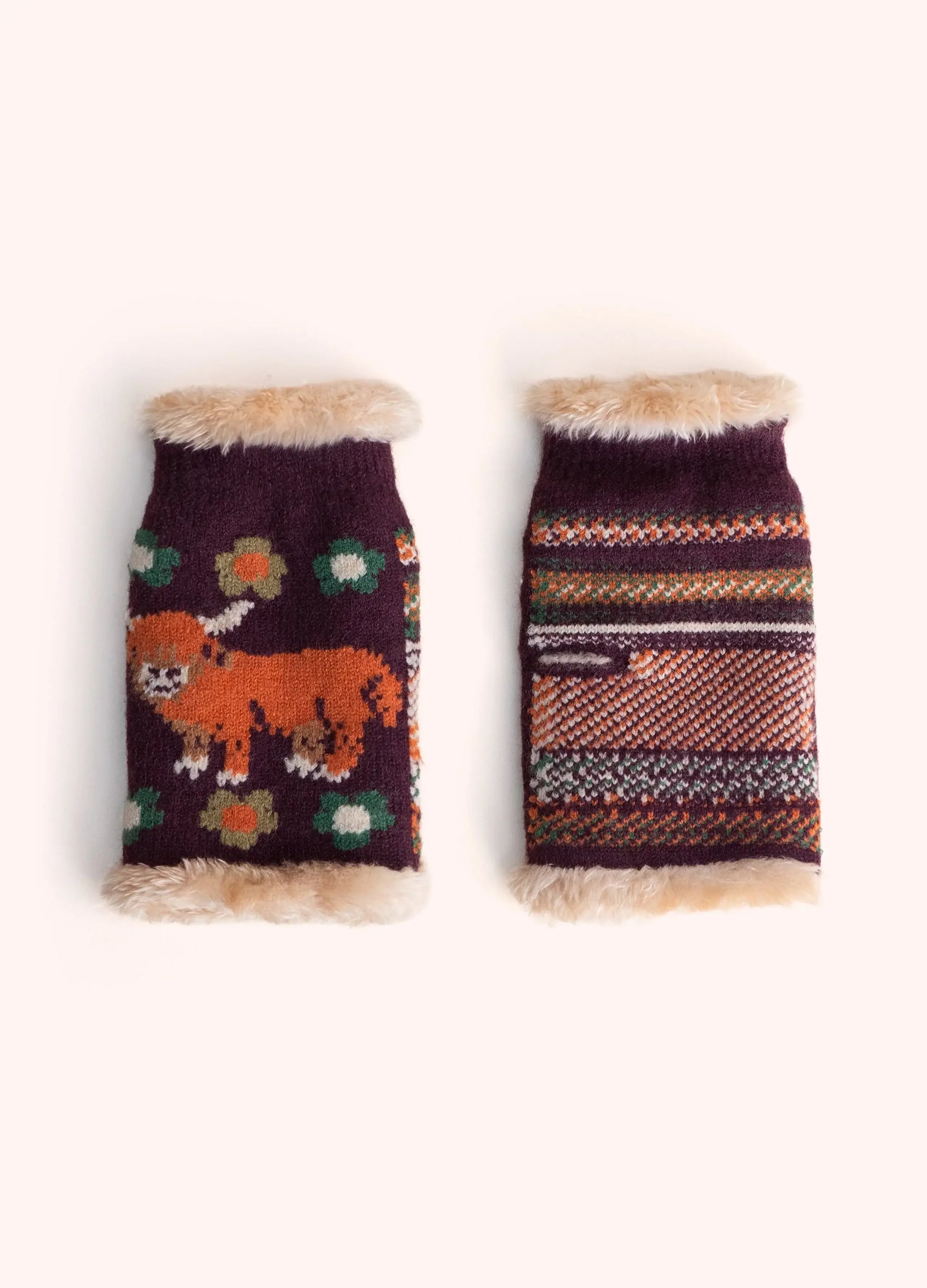 Powder Design Highland Cow Wrist Warmers/Mittens - Damson