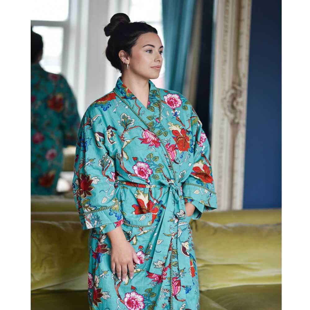 Powellcraft - Teal Exotic Flower Print Dressing Gown