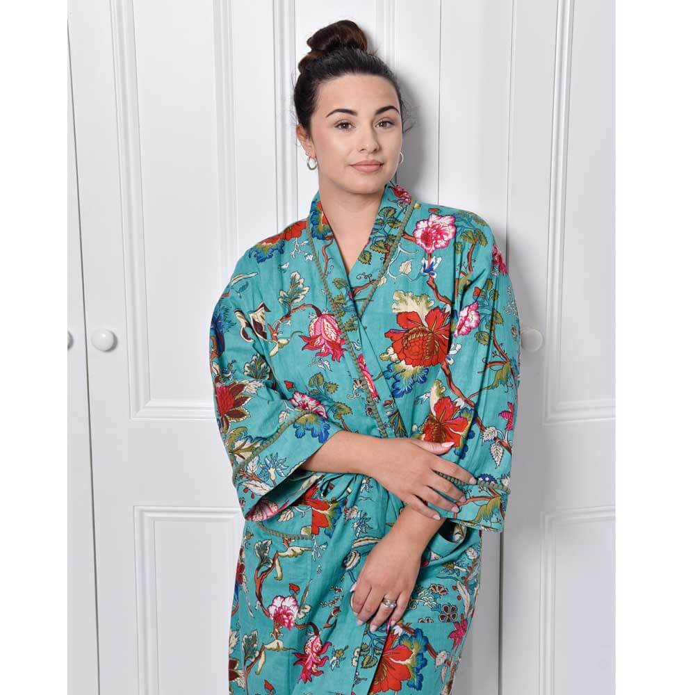 Powellcraft - Teal Exotic Flower Print Dressing Gown