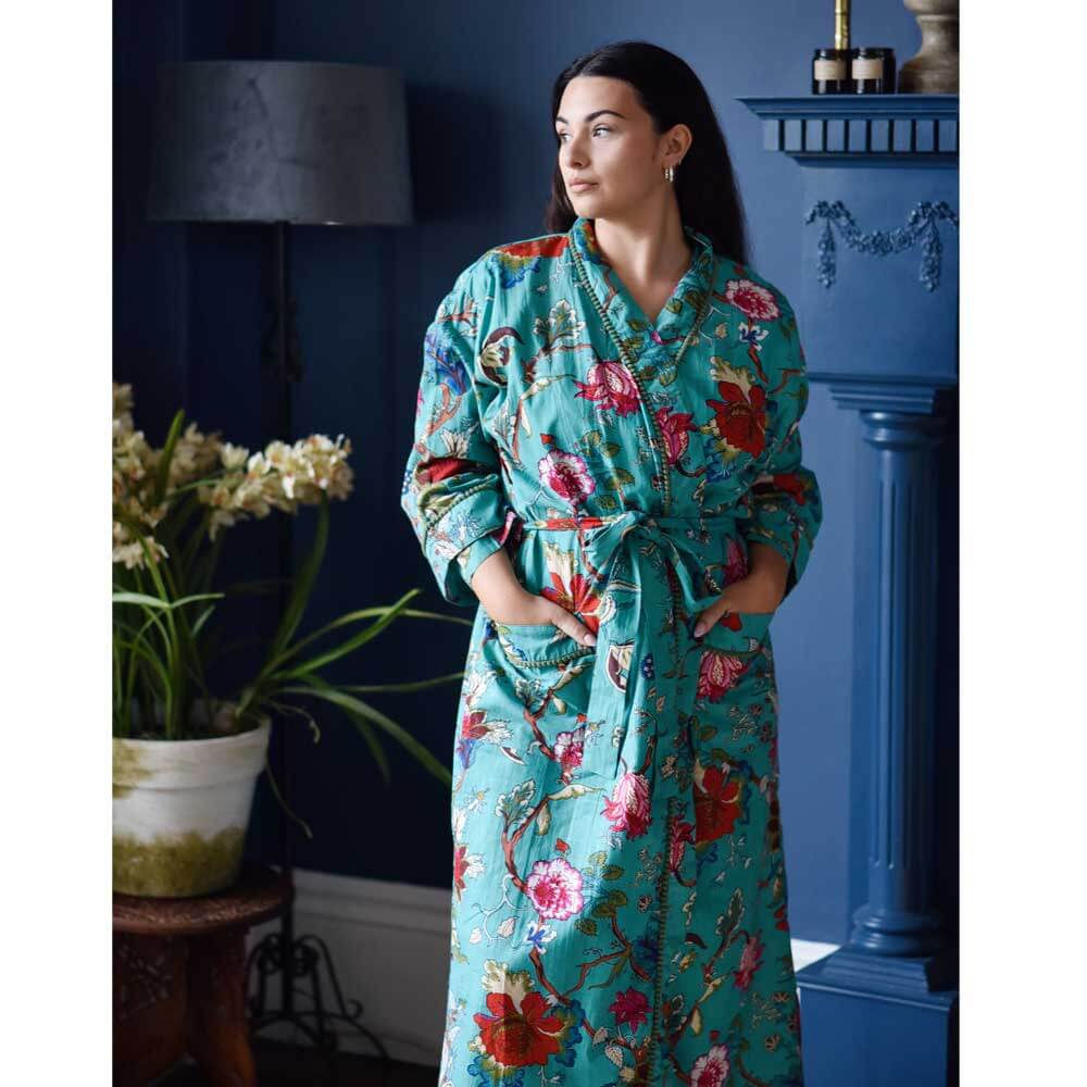 Powellcraft - Teal Exotic Flower Print Dressing Gown