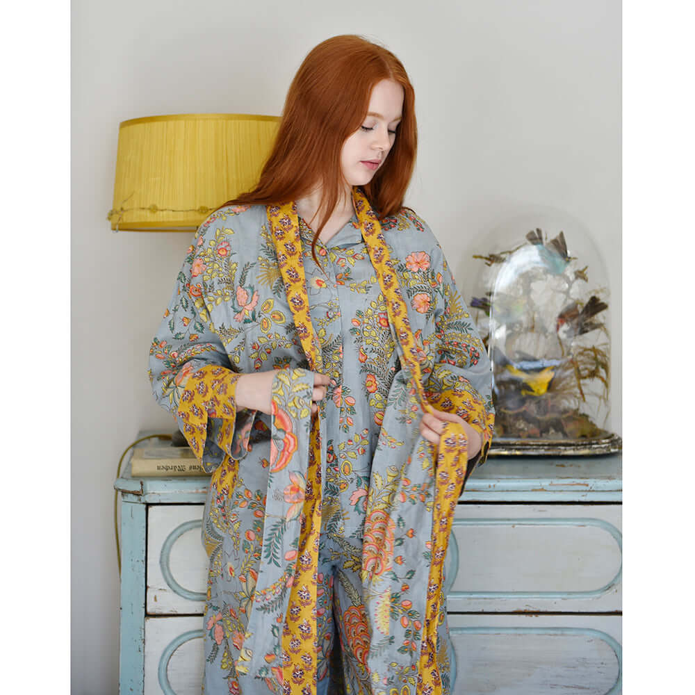 Powellcraft - Grey, Coral & Mustard Floral Print Dressing Gown