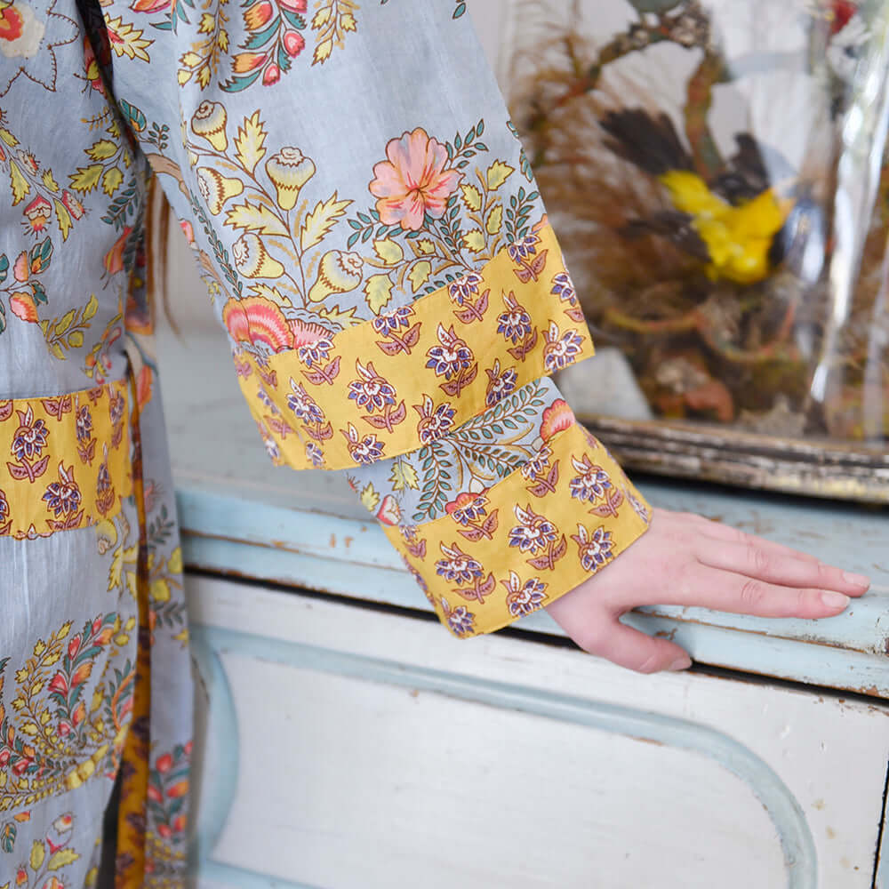 Powellcraft - Grey, Coral & Mustard Floral Print Dressing Gown