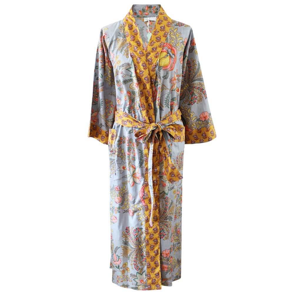 Powellcraft - Grey, Coral & Mustard Floral Print Dressing Gown
