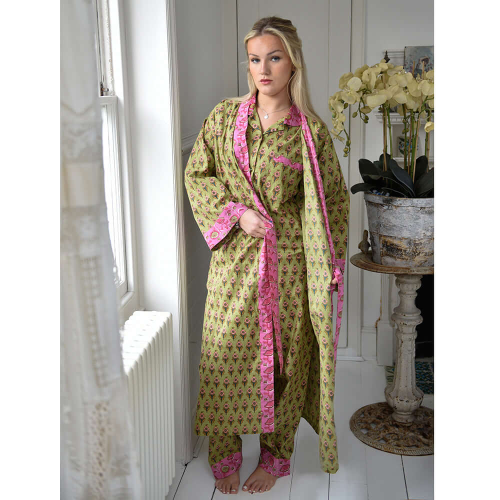 Powellcraft - Lime Green & Pink Small Block Print Dressing Gown
