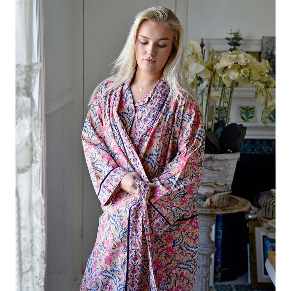 Powellcraft - Apricot, Navy & Persian Red Mixed Block Print Dressing Gown
