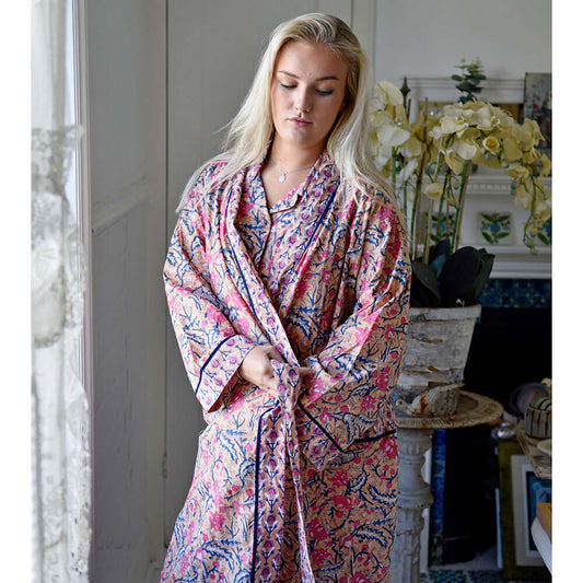 Powellcraft - Apricot, Navy & Persian Red Mixed Block Print Dressing Gown
