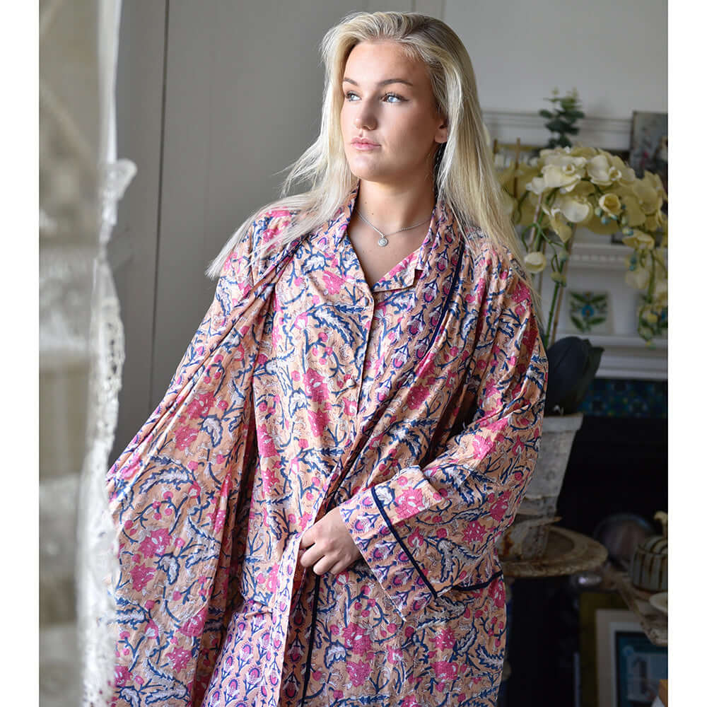 Powellcraft - Apricot, Navy & Persian Red Mixed Block Print Dressing Gown