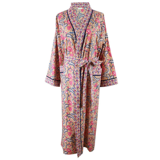 Powellcraft - Apricot, Navy & Persian Red Mixed Block Print Dressing Gown