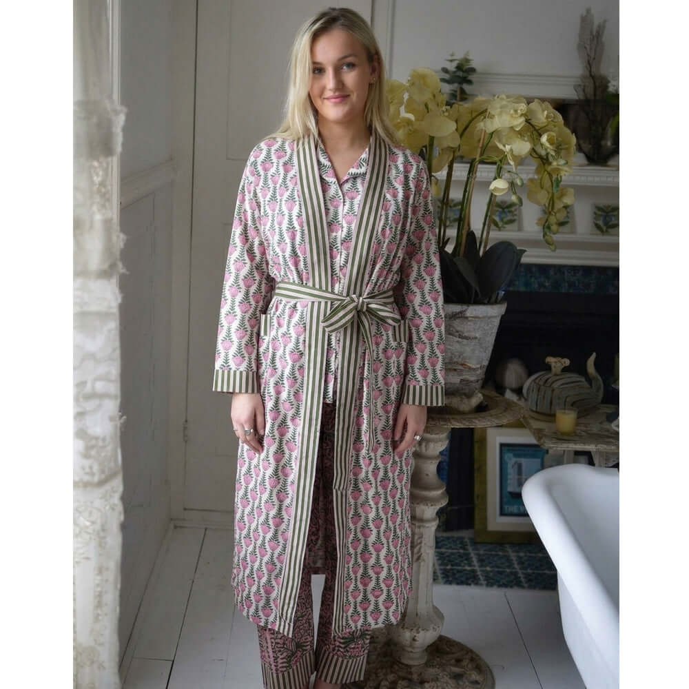 Powellcraft - Pink & Green Damask Style Floral Print Dressing Gown